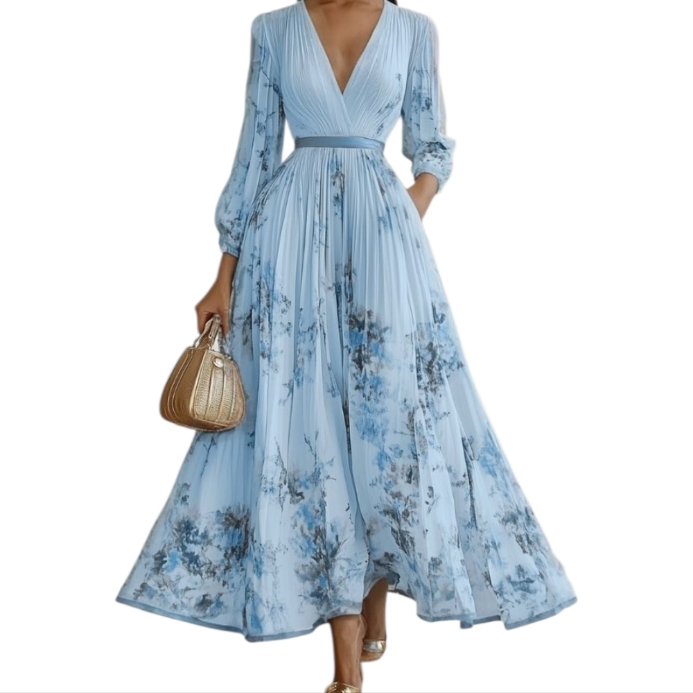 Fehaute Light Blue Long Sleeve Maxi Dress Gown Gala Black Tie Pleats V-Neck Sz 2